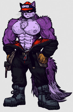 abs anthro armor barazoku bedroom_eyes big_muscles big_pecs black_briefs black_clothing black_coveralls black_underwear blush boots briefs brown_eyes builder bulge clothed clothing ear_markings eyewear eyewear_on_head fluffy footwear fur gloves goggles goggles_on_head hair hammer handwear headgear helmet huge_pecs looking_at_viewer male male_anthro multicolored_body multicolored_ears multicolored_fur muscular muscular_anthro muscular_male muscular_thighs narrowed_eyes navel nipples overalls partially_clothed pecs pose purple_body purple_fur purple_hair raised_arm scar seductive shoes simple_background solo standing tail tan_body tan_fur tight_clothing tools topless tuft underwear undressing white_background white_clothing white_underwear work_boots worker worker_helmet yellow_clothing yellow_gloves yellow_handwear jwbash mythology francie canid canine canis mammal mythological_canine mythological_creature werecanid werecanine werecreature werewolf wolf absurd_res hatching_(art) hi_res pinup shaded sketch