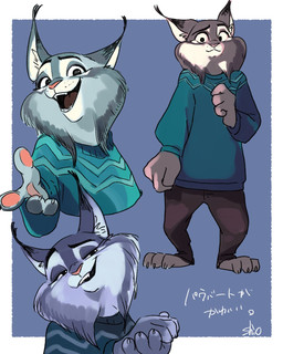 anthro bottomwear clothing fur grey_body grey_fur male open_mouth pants paws simple_background solo sweater topwear ruhou_shio disney zootopia pawbert_lynxley canada_lynx felid feline lynx mammal 4:5 hi_res