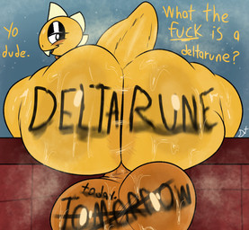 anthro balls big_balls big_butt black_eyes body_writing butt fangs genitals half-closed_eyes huge_balls huge_butt hyper hyper_balls hyper_genitalia looking_at_viewer looking_back male narrowed_eyes nude profanity question_mark solo teeth text writing_on_balls writing_on_butt writing_on_genitals yellow_body plushtrapboyuwu undertale_(series) monster_kid lizard reptile scalie absurd_res english_text hi_res