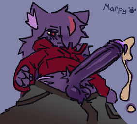 anklet anthro balls blush blush_lines bodily_fluids bottomless bottomwear claws clothed clothing cum dripping erection eye_bags eyeshadow facial_markings finger_claws fluffy fluffy_balls foreskin fur genital_fluids genitals glistening glistening_balls glistening_genitalia hair hair_over_eye head_markings hip_markings hoodie humanoid_genitalia humanoid_penis jewelry leaking_cum leg_markings long_hair looking_at_genitalia looking_at_penis low-angle_view makeup male markings pants penis pubes pupils purple_body purple_fur red_eyes scar simple_background slit_pupils solo topwear topwear_only tuft marpypawz meany_(marpystar) domestic_cat felid feline felis mammal colored