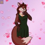 anthro black_nose breasts brown_body brown_fur brown_hair cleavage clothed clothing dipstick_tail dress female fur gloves_(marking) green_eyes hair jewelry markings necklace solo tail tail_markings tongue tongue_out foxenawolf diana_artemis canid canine fox mammal 1:1