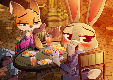 anthro belt beverage blush bottomwear chair clothing collared_shirt dress_shirt drinking_straw duo female food fur furniture glass green_eyes grey_body grey_fur jacket male multicolored_body multicolored_fur necktie open_mouth orange_body orange_fur pants pizza plate purple_eyes shirt sitting table topwear two_tone_body two_tone_fur jonathantaniuchi disney zootopia judy_hopps nick_wilde canid canine fox lagomorph leporid mammal rabbit 2025 absurd_res digital_media_(artwork) hi_res