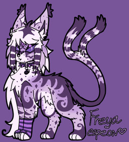 ambiguous_gender armwear clothing collar coontail_hair countershading eyelashes feral feral_with_hair fur hair heart_symbol long_hair paws piercing purple_body purple_fur solo sparklefur standing striped_body striped_fur stripes text jackrabbit_(artist) fakemon nintendo pokemon eeveelution espeon generation_2_pokemon pokemon_(species) 2025 character_request english_text hi_res model_sheet