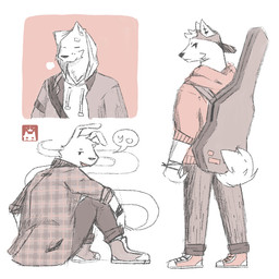 ambiguous_gender anthro backwards_baseball_cap backwards_hat baseball_cap bottomwear breath cigarette cigarette_smoke clothing collared_shirt dress_shirt eyes_closed fluffy fluffy_tail footwear fur group guitar_case hat head_tuft headgear headwear holding_object hood hoodie looking_aside looking_at_viewer male neck_tuft on_ground pants pointy_ears rear_view shirt shoes side_view sitting smoke snout speech_bubble sweater tail text topwear trio tuft water whisker_spots white_body white_fur wristband w0lfi unnamed_character canid canine lagomorph leporid mammal rabbit 1:1