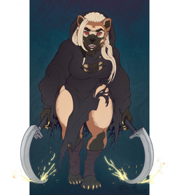 anthro black_clothing blade blonde_hair breasts claws clothed clothing cosplay dreadlocks dual_wielding female front_view fur hair holding_object holding_weapon looking_at_viewer melee_weapon multicolored_body multicolored_fur open_mouth red_eyes simple_background solo sparks teeth thick_thighs torn_clothing weapon dcayorcus dreamworks puss_in_boots_(franchise) death_(puss_in_boots) gulonine mammal mustelid musteline wolverine digital_media_(artwork) hi_res