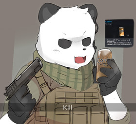 anthro armor beverage_can body_armor can clothing container gloves gun handgun handwear holding_object holding_weapon kerchief looking_at_viewer male pistol ranged_weapon shemagh simple_background solo text weapon white_body minecraftsteve42069 bad_2_bad kill_(meme) pan_colman bear giant_panda mammal meme