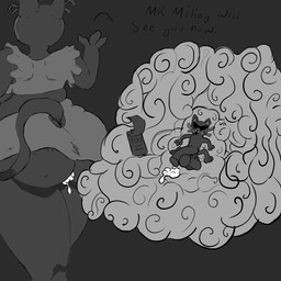 anthro balls big_balls big_butt big_penis bodily_fluids butt cum duo eyewear female genital_fluids genitals glasses huge_balls huge_penis humanoid_genitalia humanoid_penis leaking_cum male male/female micro penis size_difference sweat sweatdrop text thick_thighs hawelles gabby_(neon_white) mikey_(neon_white) felid feline mammal black_and_white hi_res monochrome
