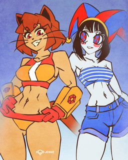 anthro bikini bottomwear breasts brown_body brown_hair clothing collarbone denim denim_bottomwear denim_clothing denim_shorts duo eyebrows eyelashes female fool's_hat hair hands_on_hips hat headgear headwear magenta_eyes navel shorts smile swimwear two-piece_swimsuit whiskers jcguz gameoverse glitch_productions the_amazing_digital_circus kit_bodega pomni_(tadc) domestic_cat felid feline felis human mammal 2026 hi_res