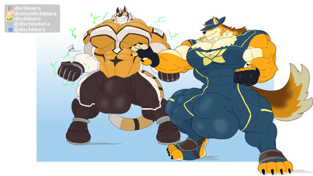 abs anthro balls_outline big_bulge big_muscles big_pecs bulge clothing detailed_bulge duo fighting_pose flexing genital_outline genitals gloves grin handwear hat headgear headwear huge_bulge huge_pecs hyper hyper_bulge male mask muscular muscular_anthro muscular_arms muscular_legs muscular_male muscular_thighs navel navel_outline nipple_outline pecs pose smile superhero superhero_costume tail thick_thighs tight_clothing tight_fit torn_clothing wearing_mask conditional_dnp dischimera lifewonders live_a_hero barrel_(live_a_hero) ryekie_(live_a_hero) canid canine canis felid mammal pantherine tiger wolf 16:9 hi_res widescreen