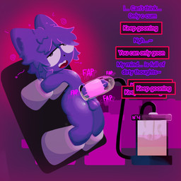 anthro balls bodily_fluids brainwashing fur genitals gooning hypnosis machine male masturbation milking_cum milking_machine mind_control mind_wipe orgasm penile penis penis_milking pink_background purple_body purple_fur simple_background solo text toony visor wipe axouwur mammal 1:1 english_text hi_res