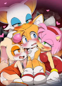 anthro assertive_female bedroom_eyes big_breasts black_nose blue_eyes blush bodily_fluids breast_squish breasts butt clothed clothing dominant dominant_female dress eyelashes female footwear fur genital_fluids green_eyes group half-closed_eyes heart_symbol long_ears male medium_breasts narrowed_eyes nipple_outline open_mouth orange_clothing orange_dress panties red_clothing red_dress seductive shy squish submissive submissive_male sweat tongue tongue_out underwear upskirt vaginal_fluids white_clothing white_panties white_underwear young young_anthro dagasi sega sonic_the_hedgehog_(series) amy_rose cream_the_rabbit miles_prower rouge_the_bat bat canid canine eulipotyphlan fox hedgehog lagomorph leporid mammal rabbit 2023 digital_media_(artwork) hi_res