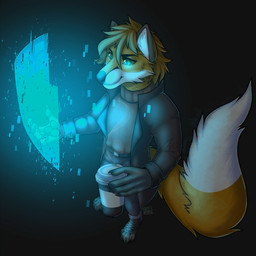 anthro beverage biped bottomwear brown_hair clothed clothing coat coffee coffee_cup container countershade_face countershade_fur countershading cup dipstick_tail feet fingers footwear fur furgonomic_footwear furgonomics glitch hair heads_up_display holding_coffee_cup holding_container holding_cup holding_object hologram hud inner_ear_fluff male markings orange_body orange_fur pants simple_background smile solo sweater tail tail_markings topwear tuft white_body white_fur yasha_the_husky canid canine fox mammal 1:1 absurd_res digital_media_(artwork) hi_res