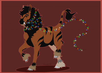 black_body black_fur black_mane black_markings black_tail border fangs feral fur grey_hooves hooves looking_at_viewer male mane markings mouth_closed orange_body orange_fur orange_tail quadruped red_background red_border red_eyes sharp_teeth simple_background solo string_lights striped_markings striped_tail stripes tail tail_markings tail_tuft teeth three-quarter_view tuft huskii-s equid equine mammal