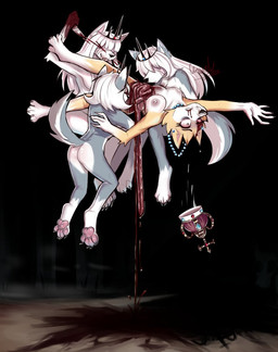 anthro big_breasts blood bodily_fluids breasts butt cannibalism crown dying ear_piercing ear_ring female gore group guts headgear jewelry killing magic_user nude organs paws piercing queen ring_piercing royalty witch ccruelangel asinus canid canine canis donkey equid equine mammal wolf