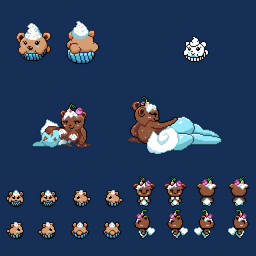 anthro big_butt blue_body blush breasts brown_body butt candy cherry chocolate dairy_products dessert duo female feral food fruit half-closed_eyes hand_on_butt hand_on_own_butt lying narrowed_eyes on_side open_mouth plant simple_background smile sprinkles sprite_art tail transparent_background whipped_cream theonetruesinner fakemon bear cheriontop food_creature frossy mammal 1:1 alpha_channel digital_media_(artwork) hi_res pixel_(artwork)