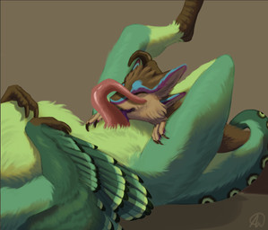 animal_genitalia animal_penis anthro blue_markings cheek_tuft claws duo erection eyes_closed facial_tuft feather_tuft feathered_wings feathers feral fluffy genitals green_body grey_body interspecies licking lying male male/male markings multicolored_body on_back oral penile penis penis_lick pinned purple_markings raised_leg sex sickle_claw simple_background snout tail tapering_penis toe_claws tongue tuft winged_arms wings ravuki fyu quetzalcuali avali avian deinonychus dinosaur dromaeosaurid feathered_dinosaur feathered_scalie prehistoric_species reptile saurischian scalie theropod