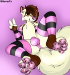 arm_warmers armwear balls_outline brown_hair bulge butt clothing detailed_bulge feet femboy foot_focus footwear genital_outline gesture hair hand_gesture male paws pink_nose socks solo tanga v_sign herrerfx tiramisu_skunk mammal mephitid skunk absurd_res hi_res