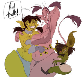 big_breasts black_hair boots breast_squish breasts brown_body brown_skin buckteeth butt choker cleavage clothed clothing ear_piercing ear_ring female footwear freckles front_view green_body green_skin group hair hug humanoid_pointy_ears jewelry looking_at_viewer navel necklace not_furry one_eye_closed open_mouth piercing pigtails pointy_ears raised_arm red_eyes ring_piercing sharp_teeth shoes shortstack simple_background slightly_chubby smile speech_bubble squish teeth text thick_thighs tongue white_background wide_hips wink yellow_sclera slb holdra_(slb) orchidea_(slb) runtley_(slb) goblin humanoid orc troll_(mythology) 2014 digital_media_(artwork) english_text hi_res signature