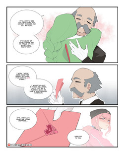 beanie butler clothing facial_hair female green_hair grey_hair hair hat headgear headwear hug letter love male mustache pink_hair text luxurias nintendo pokemon daisy_(luxurias) gardevoir generation_3_pokemon human humanoid mammal pokemon_(species) comic english_text hi_res story