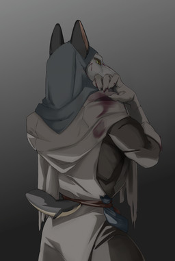 5_fingers ambiguous_gender anthro blood bodily_fluids claws clothed clothing fingers green_eyes simple_background solo standing kaerufrog elden_ring fromsoftware white_mask_varre canid canine mammal digital_media_(artwork) hi_res shaded