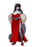 anthro big_breasts black_hair breasts cleavage clothed clothing dress female footwear fur fur_coat grey_body grey_fur hair high_heels long_hair markings open_mouth paper_fan red_clothing red_dress shoes solo spots spotted_body spotted_fur tail thick_tail wide_hips blazbaros felid mammal pantherine snow_leopard 2023 3:4 hi_res