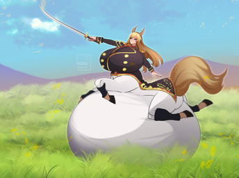 belly belly_on_ground big_belly big_breasts blonde_hair blue_eyes breasts brown_body brown_fur clothed clothed_taur clothing female fur hair holding_object holding_weapon hooves horse_ears horse_tail huge_belly huge_breasts hyper hyper_belly hyper_pregnancy long_hair melee_weapon military_uniform noblewoman outside pregnant pregnant_female pregnant_taur solo standing sword taur_lower_pregnancy uniform weapon mierru european_mythology greek_mythology mythology estelle_bellegarde centaur equid equid_taur humanoid_taur mammal mammal_taur taur absurd_res hi_res