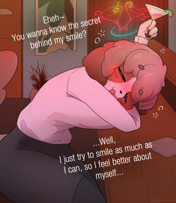 alcohol animal_ears anthro beverage biped blush blush_lines bottomwear breasts businesswear clothed clothing collared_shirt dialogue dress_shirt drunk elderly elderly_female eyelashes eyes_closed female hair holding_alcohol holding_beverage holding_object legwear miniskirt office_lady open_mouth pencil_skirt shirt sitting skirt smile solo substance_intoxication tear_trough text thick_thighs tights topwear white_clothing bluef1shcake aya_lin canid canine canis domestic_dog mammal 2025 digital_media_(artwork) english_text hi_res