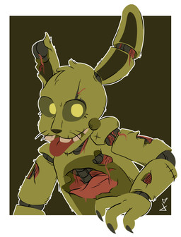 big_eyes black_claws blood bodily_fluids claws front_view fur gore logo machine pink_tongue simple_background solo tongue white_background yellow_background yellow_body yellow_eyes yellow_fur katinghost five_nights_at_freddy's five_nights_at_freddy's_3 scottgames springtrap_(fnaf) animatronic lagomorph leporid mammal rabbit robot 2015 absurd_res colored flat_colors half-length_portrait hi_res portrait signature