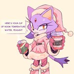 anthro beverage blush clothing disgust female forehead_gem fur gem hat headgear headwear holidays nightcap solo text winter_clothing yellow_eyes spinstellar sega sonic_the_hedgehog_(series) blaze_the_cat domestic_cat felid feline felis mammal 1:1 english_text hi_res