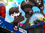 all_fours amusement_park anthro ass_up being_watched bent_over blue_eyes blush brown_hair butt countershading detailed_background fair female female_focus group hair happy loli looking_at_another looking_back male outside pose public rear_view solo_focus truck young young_anthro young_female piporete rachel_rivet mammal procyonid raccoon 2022