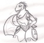 anthro arm_quills big_breasts breasts cleavage clothed clothing cuisse energy_shield fangs female hand_on_hip head_crest holding_object holding_shield looking_at_viewer pupils quill_hair scales shield short_tail simple_background sleeves slit_pupils solo standing tail teeth white_background dragon-heart halo_(series) microsoft xbox_game_studios alien ibie'shan kig-yar scalie 2015 greyscale monochrome sketch