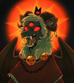 2_horns 3_eyes ambiguous_gender anthro bell fangs fur horn membrane_(anatomy) membranous_wings multi_eye solo teeth wings wool_(fur) freckledbastard cult_of_the_lamb massive_monster_(studio) lamb_(cult_of_the_lamb) bovid caprine mammal sheep 2024 digital_drawing_(artwork) digital_media_(artwork) hi_res signature