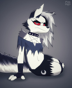 anthro bottomwear clothing cloves collar countershading female grey_background grey_hair grumpy hair looking_at_viewer red_sclera shorts simple_background solo spiked_collar spikes torn_bottomwear torn_clothing torn_shorts white_eyes a9_emus/foxemus hellaverse helluva_boss mythology loona_(helluva_boss) canid canid_demon canine demon hellhound mammal mythological_canine mythological_creature 2025 absurd_res digital_media_(artwork) hi_res shaded