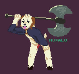 >:3 anthro axe bent_over blyfia cloak clothing fur genitals hand_on_knee hand_on_leg hooves horn male penis pym_(tsera) red_penis solo tail tongue tongue_out waraxe weapon weapon_on_shoulder white_body white_fur nufalu tsera_(game) digital_media_(artwork) pixel_(artwork)