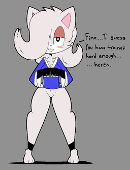 anklet anthro armwear barefoot black_eyes blush bottomless breasts cleavage clothed clothing clothing_lift dialogue elbow_gloves feet female fingerless_gloves fur genitals gloves grey_background grey_body grey_fur grey_hair hair hair_over_eye handwear jewelry keikogi martial_arts_uniform medium_breasts one_eye_obstructed simple_background solo sportswear tail text thick_thighs vulva wide_hips usagibun1 oli_(usagibun1) domestic_cat felid feline felis mammal 2024 digital_media_(artwork) english_text hi_res