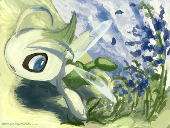 ambiguous_gender antennae_(anatomy) blue_eyes cloud flower flying grass green_body insect_wings looking_back open_mouth plant sky solo wings kfkgot7ig2r5265 nintendo pokemon celebi generation_2_pokemon humanoid legendary_pokemon pokemon_(species) 2025 4:3 hi_res signature