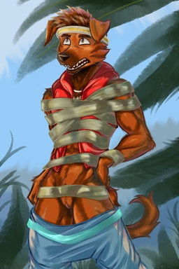 abs accessory andromorph andromorph_anthro anthro athletic athletic_andromorph athletic_intersex biped bottomwear bottomwear_down bound brown_body brown_fur clothed clothing fur genitals hair headband headgear headwear humanoid_genitalia humanoid_vulva intersex intersex_anthro jacket pants pants_down partially_clothed restrained solo standing topwear vulva slaveknightsylva forgotten_island raww_(forgotten_island) canid canine mammal werecanid werecanine werecreature weredog hi_res