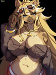 accessory aegyo_sal ahoge alternative_fashion amekaji anthro bare_shoulders belt big_breasts black_background blonde_hair blue_eyes bottomwear bracelet breast_pockets breasts brown_clothing brown_jacket brown_topwear cleavage clothed clothing colored_nails cropped_jacket ear_piercing ear_ring eyewear eyewear_on_head fangs female glint gyaru hair hair_accessory hairclip half-closed_eyes hand_on_sunglasses j-fashion jacket jewelry long_hair long_nails long_sleeves looking_at_viewer midriff nails narrowed_eyes navel necklace off-shoulder_top onee_gyaru open_mouth pants piercing red_bottomwear red_clothing red_nails red_pants ring_piercing sharp_teeth simple_background smile solo streetwear sunglasses sunglasses_on_head teeth topwear zipper taphris vtuber buchiage_hannah hyena mammal spotted_hyena 3:4 absurd_res artist_name hi_res