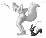 anthro backsack balls bodily_fluids butt drooling duo genitals male nude saliva shaking_butt simple_background tail text tongue white_background forceswerwolf skunkhase swiftayama arctic_fox canid canine fox hybrid lagomorph leporid mammal mephitid rabbit skunk skunny true_fox english_text