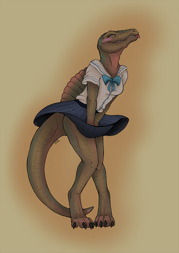 anthro asian_clothing blue_bottomwear blue_clothing blue_skirt blush bottomwear breasts brown_body claws clothed clothing collared_shirt covering covering_self digitigrade dorsal_ridge dress_shirt east_asian_clothing eyes_closed female happy japanese_clothing knock-kneed non-mammal_breasts orange_background pattern_clothing ribbons school_uniform shirt simple_background skirt solo striped_clothing stripes tail tail_between_legs tail_under_skirt teeth teeth_showing tongue tongue_out topwear uniform white_clothing white_shirt white_topwear wind sanguinea_melimela dinosaur prehistoric_species reptile scalie spinosaurid spinosaurus theropod line_art