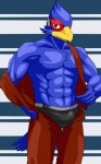 abs anthro beak biceps biped blue_body blue_eyes blue_feathers blue_fur bottomwear boxers_(clothing) bulge chest_tuft clothed clothing detailed_bulge electronics erection erection_under_clothing feathers front_view fur genital_outline headgear headphones headset looking_at_viewer male muscular muscular_anthro muscular_male open_clothing open_shirt open_topwear pants partially_clothed pecs penis_outline pose shirt smile solo standing topwear tuft underwear undressing kp-yoshi nintendo star_fox falco_lombardi avian bird 5:8