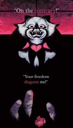 creepy_face creepy_smile fangs fur gore hair looking_at_viewer nightmare_fuel red_eyes ring severed_body_part severed_digit severed_finger smile teeth text white_body white_fur white_hair halfbaked-hope nintendo pokemon judge_holden generation_9_pokemon meowscarada pokemon_(species) 2026 absurd_res english_text hi_res