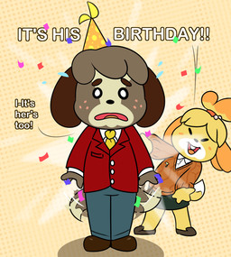 4_fingers anthro bangs bell_hair_tie birthday black_bottomwear black_clothing black_eyes black_nose black_shorts blonde_hair blue_bottomwear blue_clothing blue_pants blush blush_stickers bottomwear brown_body brown_clothing brown_eyebrows brown_fur brown_sweater brown_tail brown_topwear button_(fastener) clothed clothed_anthro clothed_female clothed_male clothing confetti dialogue dipstick_tail dotted_background duo eye_bags eyebrows eyes_closed female female_anthro fingers floppy_ears freckled_face freckles frown frowning_at_viewer fully_clothed fully_clothed_anthro fully_clothed_female fully_clothed_male fur green_bottomwear green_clothing green_skirt hair happy hat headgear headwear light looking_at_viewer lop_ears male male_anthro markings motion_lines necktie open_frown open_mouth open_smile orange_ears orange_hair orange_tongue pants party_hat pattern_background pink_freckles pockets ponytail pupils red_clothing red_hair_tie red_suit short_hair shorts simple_background skirt smile standing suit sweater tail tail_markings tail_motion tailwag talking_to_viewer teeth text tongue topwear two_tone_tail white_dress_shirt white_pupils white_tail_tip yelling yelling_at_viewer yellow_necktie yellow_tail cookieboy011 animal_crossing nintendo digby_(animal_crossing) isabelle_(animal_crossing) canid canine canis domestic_dog mammal shih_tzu toy_dog 2022 colored digital_drawing_(artwork) digital_media_(artwork) english_description english_text lighting brother_(lore) brother_and_sister_(lore) sibling_(lore) sister_(lore) twins_(lore)