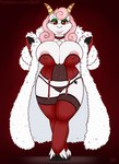 anthro areola big_breasts breasts christmas_clothing clothed clothing female fur fur_coat hair holidays horn legwear lingerie nipple_outline panties simple_background smile solo stockings topwear underwear white_body white_fur drxii christmas bovid caprine goat mammal digital_media_(artwork) hi_res