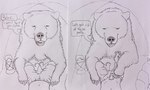 ambiguous_gender anthro anthro_on_feral bear bestiality bottomwear brown_bear camping claws clothing comic dialogue duo english_text feral first_person_view genitals graphite_(artwork) hgythshs larger_ambiguous larger_feral male male_pov mammal monochrome pants size_difference smaller_anthro smaller_male tent text traditional_media_(artwork) undressing undressing_another ursine