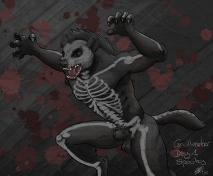 animal_genitalia anthro black_sheath black_sheath_slit blood blood_splatter bodily_fluids bodypaint bone closed_sheath_slit detached_sheath fully_sheathed genitals gnollvember gnollvember2025 male nude nude_anthro open_mouth pubes sheath sheath_slit skeleton solo tail conditional_dnp nanashi-arts gnoll hyena mammal
