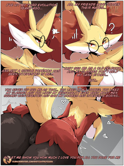 anthro big_breasts breasts butt cheek_tuft dialogue eyewear eyewear_only facial_tuft female fur genitals glasses glasses_only huge_breasts inner_ear_fluff low-angle_view nude rear_view red_eyes round_glasses solo text thick_thighs tuft vulva wearing_glasses yellow_body yellow_fur sketchy_protogen nintendo pokemon canid delphox generation_6_pokemon mammal pokemon_(species) 3:4 comic english_text hi_res url