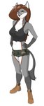 anthro black_body black_fur blue_eyes boots boots_(marking) bottomwear brown_hair camo camo_bottomwear camo_clothing camo_pants camo_print clothing countershading crop_top ear_tips female fingerless_gloves footwear fur fur_markings gloves gloves_(marking) grey_body grey_fur hair handwear long_hair markings pants pattern_bottomwear pattern_clothing pattern_pants red_body red_fur shirt shoes smile smiling_at_viewer smirk smirking_at_viewer solo topwear white_body white_fur sugar_weasel_(artist) nova_era canid canine fox grey_fox mammal urocyon hi_res