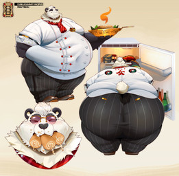 anthro appliance barazoku belly bent_over big_belly big_butt butt cheek_bulge chef chef_uniform clothing eyewear food fridge front_view glasses kitchen_appliance male obese obese_male open_fridge overweight overweight_male pinstripe_pants pinstripes rear_view rice smile solo uniform wearing_glasses tigertimeworks mihoyo zenless_zone_zero pan_yinhu bear giant_panda mammal absurd_res full-length_portrait headshot_portrait hi_res multiple_images portrait
