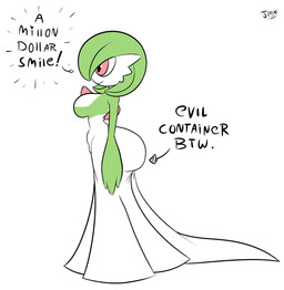 big_breasts big_butt breasts butt chest_spike female green_body green_hair hair red_eyes short_hair side_view simple_background smile solo spikes spikes_(anatomy) text white_background white_body jdkdoodles evil_container nintendo pokemon gardevoir generation_3_pokemon humanoid pokemon_(species) hi_res meme
